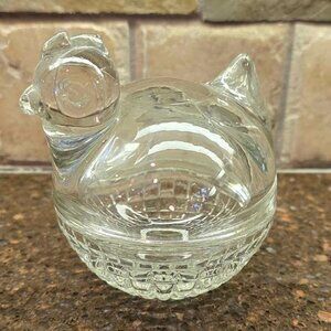 Vintage Anchor Hocking Clear Glass Hen On Nest Candy Trinket Dish with Lid